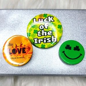 St. Patrick's Day Buttons  Pins Set of 3 Green Fun Whimsical Irish Lucky Emoji